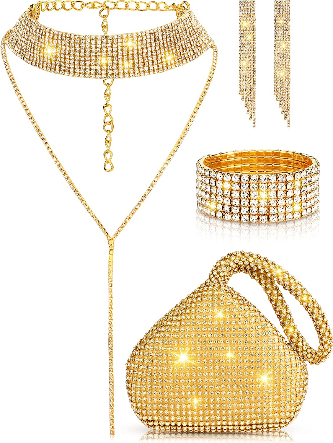 230816035817138_1 Quelay 4 Pieces Women Crystal Jewelry Set Rhinestone Tassel Necklace Stretch Bangle Bracelet Crystal Dangle Fringe Earrings and Rhinestone Handbag for Wedding Party (Glitter Silver,Medium) - Image 1